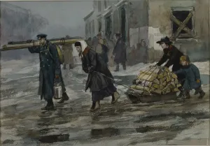 Petrograd Gallery: A family of an engineer dragging home some fuel, 1919