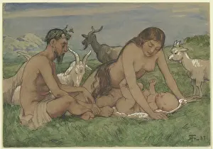 Coal Prints: Family of Fauns, 1887. Creator: Hans Thoma