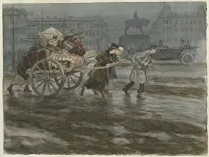Bolshevic Gallery: Family moving its belongings on cart (from the series of watercolors Russian revolution), 1917-1918