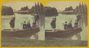 Quanting Prints: Family in rowboat on river, two rowers with them, about 1855-1860. Creator: Unknown
