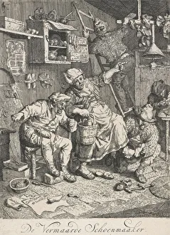 Shoemakers Prints: The famous shoemaker. De Vermaarde Schoenmaaker, 1695. Creator: Cornelis Dusart