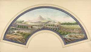 Images Dated 21st September 2020: Fan Design with Mount Vesuvius, 19th century. Creator: Unknown