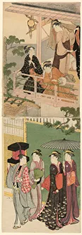 Peddler Prints: A Fan Peddler Passing Beneath a Balcony, c. 1786. Creator: Torii Kiyonaga