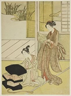 Street Seller Collection: A Fan Peddler Showing his Wares to a Young Woman, c. 1765 / 70. Creator: Suzuki Harunobu