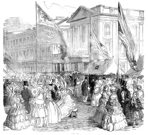 Charity Event Prints: Fancy Bazaar at the Wellington Barracks, St. James's-Park, 1856. Creator: Unknown