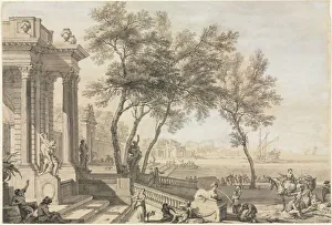 Heightened With White Gouache Prints: Fantastic Harbor Scene with Architecture and Figures