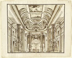 Great Hall Prints: Fantasy of a Great Hall with Basketweave Columns, c. 1800. Creator: Pietro Gonzaga