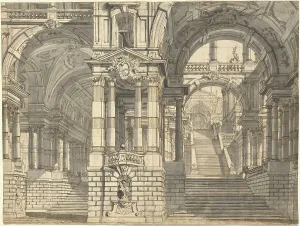 Fantasy of Magnificent Courtyards and Loggie with a Monumental Staircase, early 1770s. Creator: Pietro Gonzaga