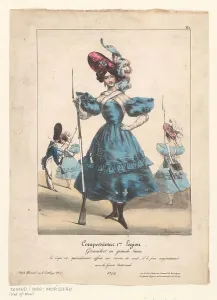 Prostitution Prints: Fantasy uniform and armament for female grenadier, 1831. Creator: E. Morisseau