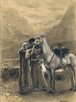 Water Colour On Paper Prints: Farewell of Zara with Ismail. Illustration to the poem Ismail Bey by Mikhail Lermontov