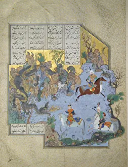 Ferdowsi Prints: Faridun in the Guise of a Dragon Tests His Sons (Manuscript illumination from the epic Shahname by F Artist)