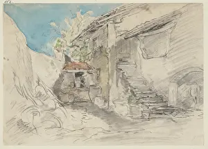 Barrels Prints: Farm next to a farmhouse with stairs, c1840-1890. Creator: Anton Burger