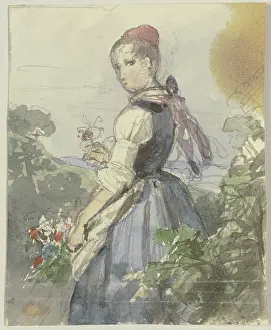 Neckscarf Prints: Farm girl in the garden, c1830-1872. Creator: Jakob Becker
