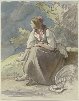 Leaning Forward Prints: Farm girl sitting on a grass bench facing left, c1830-1872. Creator: Jakob Becker