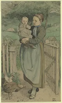 Chicken Prints: Farm girl standing by a wooden trellis with a child in her arms