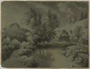 Farm with Pond in Foreground, Cows Grazing on Hill, n.d. Creator: Unknown