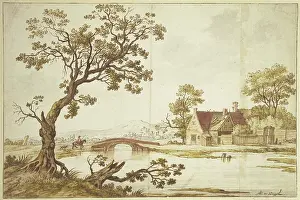 Waters Edge Prints: Farm by a stone bridge, over which a rider in a red cloak accompanied by a dog is about to ride