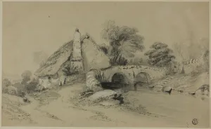 Farm with Thatched Roof Near Stone Bridge, n.d. Creator: Unknown