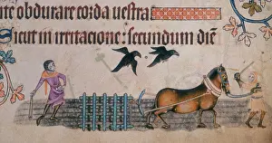 Crow Prints: Two farm workers with a harrow, c1300-c1340. Creator: Unknown
