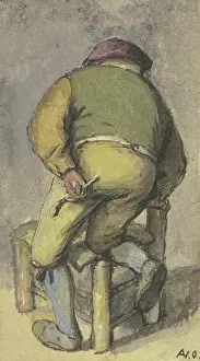 Tobacco Prints: Farmer from behind, kneeling with his right leg on a chair