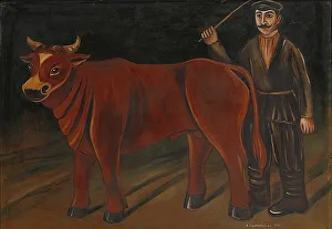 Pirosmani Prints: Farmer with Bull, 1916. Artist: Pirosmani, Niko (1862-1918)