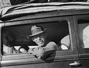 Travelling Collection: Farmer from Independence, Kansas, on the road at cotton chipping time, U. S. 99, California, 1939