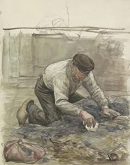 Knapsack Prints: Farmer, on his knees, 1874-1925. Creator: Jan Veth