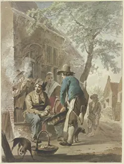 A farmer offers his produce for sale with a basket in front of a house; a dog is in the... c1790s. Creator: Hermanus van Brussel