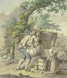 Barrels Prints: A farmer pours potatoes into a barrel
