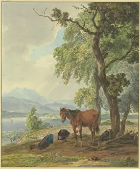 Machine Prints: Farmer resting with his horse beside a ploughed field