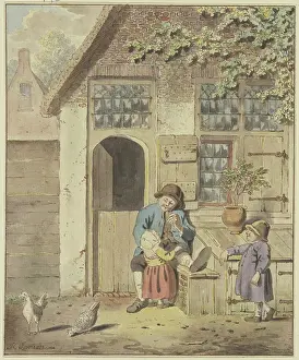 Doors Prints: A farmer sits in front of a house with two children and two chickens