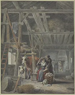 Preparation Prints: Farmer and wife with cows in the barn, 18th century. Creator: French, 18th century;