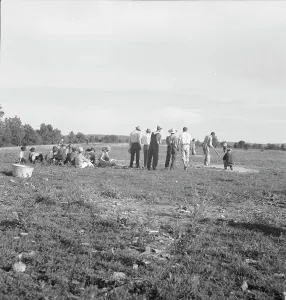 Farmers baseball game in the country, on U.S. 62, near Mountain Home, northern Arkansas, 1938. Creator: Dorothea Lange