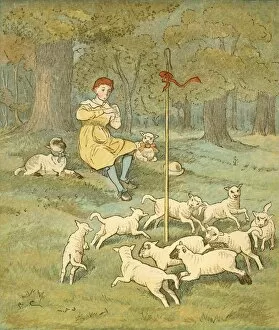Caldecott Randolph Gallery: The Farmers Boy plays his pipe as the lambs dance around his shepherds crook, c1881