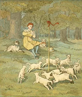 Nursery Rhyme Prints: The Farmers Boy plays his pipe as the lambs dance around his shepherds crook, c1881