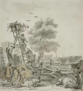 Saftleven Cornelis Prints: Farmers and cattle in front of a cabin. Creator: Unknown