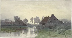 Stillness Prints: Farmers houses on the water at Morning Nevel