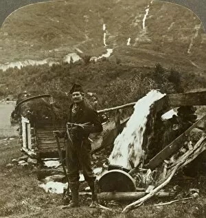 Underwood Travel Library Gallery: A farmers water-power grindstone and sod-roofed gristmill in deep Olden Valley, Norway, 1905