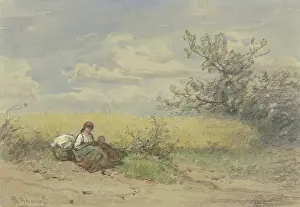 Wind Prints: Farmer's wife with child resting in front of a ripe cornfield, c1840-1890s