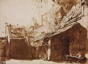 Brown Colour On Paper Collection: Farmhouse in Light and Shadow. Artist: Rembrandt van Rhijn (1606-1669)