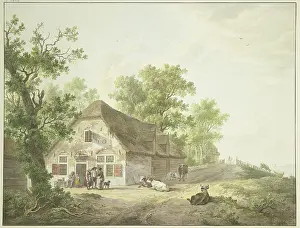 Path Prints: Farmhouse by the road, on which there are five cows and a rider