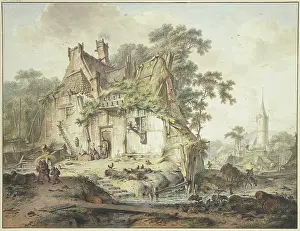 Neo Classical Prints: Farmhouse by a stream with many figures, 1778. Creator: Hendrik Meijer