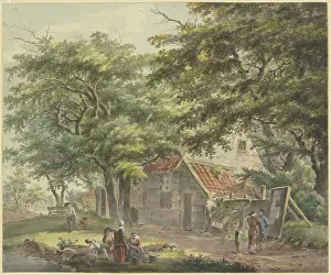 Farmhouse Prints: Farmhouse under trees, a man with a wheelbarrow on the left. Creator: Hermanus van Brussel