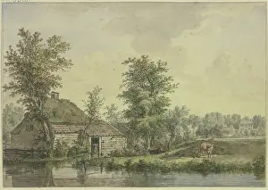 Agricultural Prints: Farmhouse by the water, a cow by a wheelbarrow. Creator: Jacobus van Liender