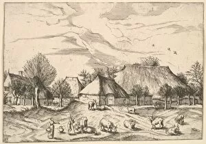 Doetechum Gallery: Farms, cattle with herdsmen and milkmaids in the foreground from Multifariarum casularu
