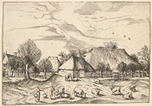 Doetechum Jan The Elder Prints: Farms, cattle with herdsmen and milkmaids in the foreground from Multifariarum casularu