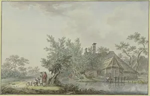 Waters Edge Prints: Farmstead by a body of water, a farming couple with a child and a dog by a pasture on the left
