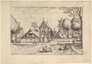 Doetechum Jan The Elder Prints: Farmstead, cows and herdsman in the foreground from Praediorum villarum et rusticar