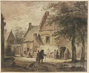 Farmstead with several figures, a dog in the foreground. Creator: Jan Hulswit