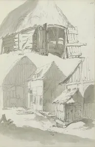 La Thiere Prints: Farmyard with barns and stables, c.1780-c.1800. Creator: Bernhard Heinrich Thier